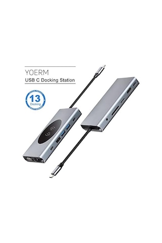 Yerleştirme İstasyonu Usb C Hub 13&apos Ü 1 Arada Kablosuz Şarj İstasyonu, Usb C - Hdmı, Ethernet, Vga, 5 Usb Ve Sd/tf, 100w Pd, 3,5 Mm Ses Acı Kahverengi