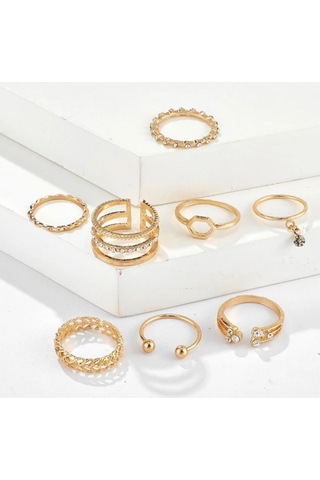 Girift Vintage Bohem Stili Gold 8 Adet Taşlı Eklem Ve Yüzük Seti Altın