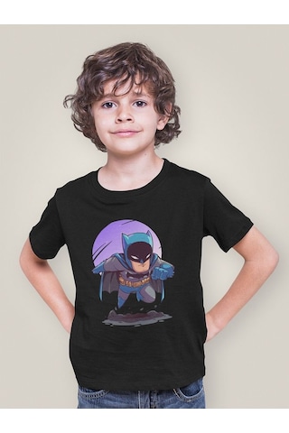 Sevbano Batman Kahraman Baskılı Unisex Film Çocuk Tişört 1-12 Yaş Siyah