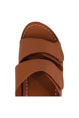 Napa Shoes Ayarlanabilir Çift Bantlı Hakiki Deri Ortopedik Rahat Taban Kadın Terlik Napa-232 Taba