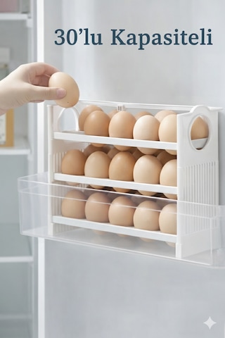 30 Bölmeli Yumurta Organizer 3 Katlı Kaydırmalı Buzdolabı İçi Düzenleyici Raf Beyaz