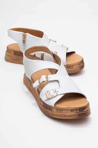 Luvishoes Luvi Shoes Levıne Beyaz Hakiki Deri Tokalı Yandan Fermuarlı Kadın Sandalet Beyaz