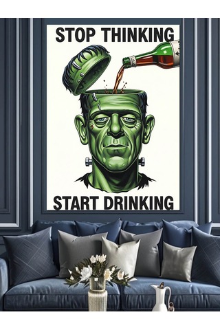 Bira İçen Frankenstein Posteri Dekoratif Kanvas - Mdf Ahşap Tablo