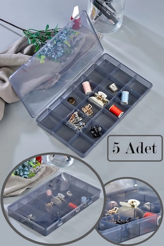 Bayev 5 Adet Füme 18 Bölmeli Avantajlı Takı Aksesuar Saklama Kutusu Gri