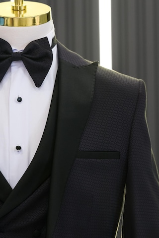 Slimfit Skinny Kesim Desenli Sivri Sabit Yaka Yelekli Papyonlu Smokin Takım Elbise 001