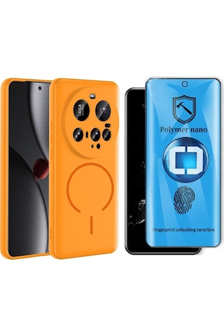 Vendas Xiaomi 15 Ultra Kılıf M-safe Şarj Özellikli Zore Meta Kapak + Polymer Nano Ekran Koruyucu Turuncu