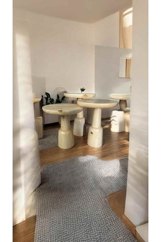 Ahşap Mantar Sehpa 3 Lü Set Naturel Renk Masif Zigon Ve Fiskos Bej