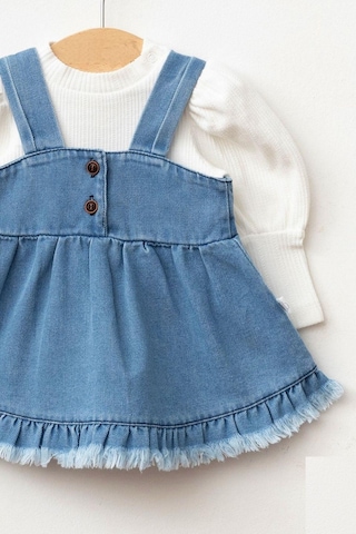 Cantoy Kız Bebek Püsküllü Kot Jile Elbise Balon Bluz Lüks Jean Takım Açık Mavi