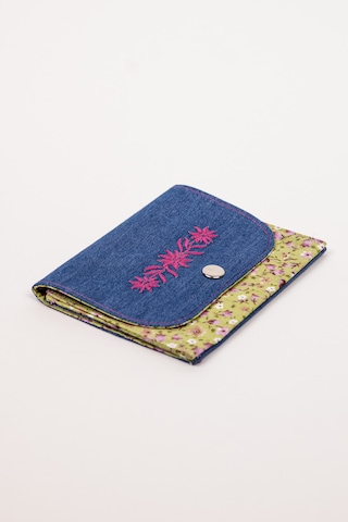 Fabric Craft Bag Kadın Cüzdanı Denim Kumaş Çiçek Nakışlı Çift Bölmeli 13x11 Cm Mavi - Yeşil