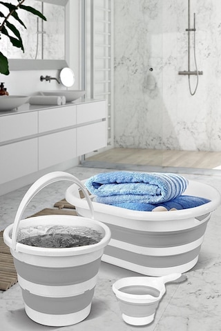 3'lü Set Katlanır Çamaşır Sepeti - Katlanabilir Akordiyon Su Kovası 25 L - Katlanır Koçero Gri Gri