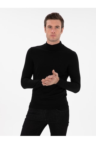 Cacharel Siyah Slim Fit Yün Karışımlı Yarım Balıkçı Yaka Basic Triko Kazak