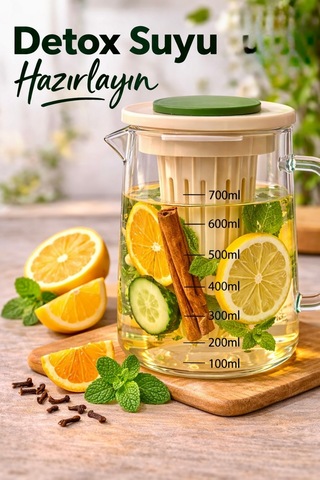 Isıya Dayanıklı Borosilikat Cam Bitki Çayı Ve Detox Demliği,süzgeçli,ölçekli,kulplu Sürahi,900 Ml Diğer