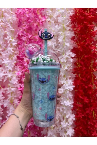Stitch Desenli Pipetli Suluk Bardak Buzlu Cam Görünümlü Sevimli Şık Bardak Mavi
