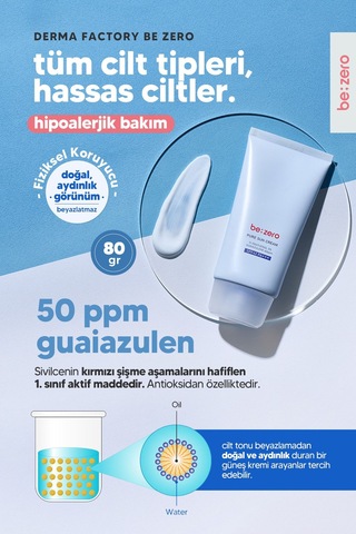 Derma Factory Hassas Ciltler İçin Azulen ve Panthenol İçeren Güneş Kremi Derma Factory Be Zero Pure Sun Cream 80GR
