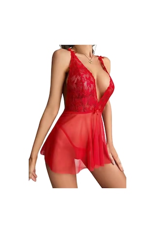 Kırmızı Dantel Detaylı Transparan Fantazi Gecelik Kırmızı