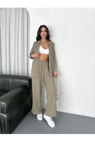 Yakalı Düğmeli Uzun Kollu Gömlek Pantolon İkili Takım - Bej Bej