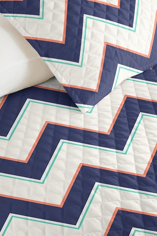 Lacivert Zigzag Geometrik Genç Odası Tek Kişilik Pike Takımı - Mint 160x220 Cm Kapitone Yatak Örtüsü Doğal Yağmur Mırıltısı