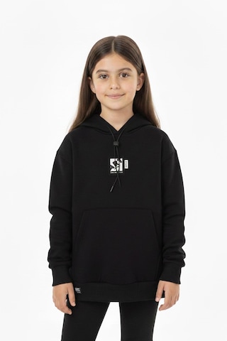 Kapüşonlu Art Baskılı Kanguru Cepli Kız Çocuk Sweatshirt-90850 Siyah