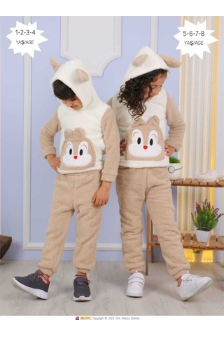Aden Kids Peluş Çoçuk Alt Üst Takım Beyaz - Kahverengi