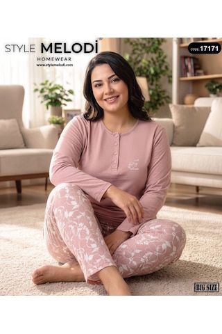 Melodi 17171 Uzun Kol %100 Pamuk Battal Büyük Beden Kadın Pijama Takımı Pembe