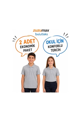 Bulutteks Okullu 2adet Polo Yaka Gri Kısa Kol Okul Tişörtleri Kıyafetleri Üniforması Çocuk Genç