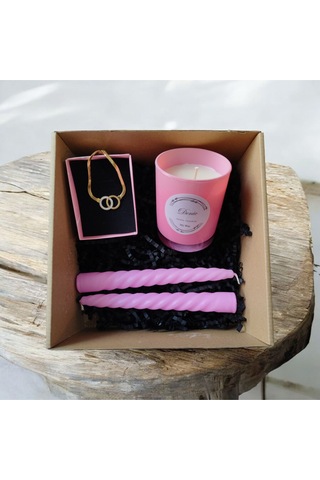 Denic Hediye Seti Kokulu Pembe Bardak Mum Halka Kolye Burgulu Mum