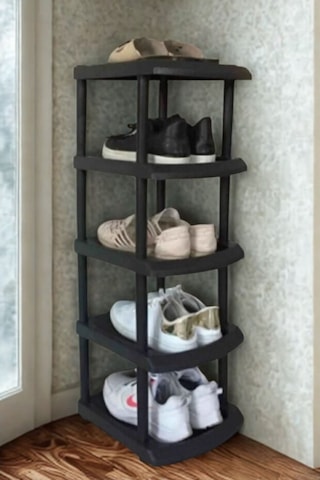 Piev Plastik Tekli 5 Katlı Ayakkabılık Siyah Siyah