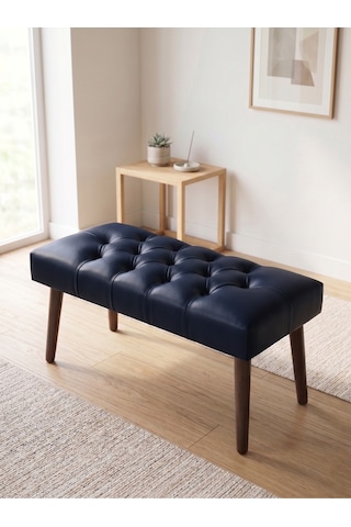 Modern Kapitoneli Lacivert Deri Kumaş Bench Puf Oturma Bankı Ahşap Ceviz Ayaklı Demonte 90x45