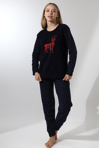 Wordex Fawn 5016 Peluş Welsoft Polar Kışlık Yumoş Geyikli Kadın Pijama Takımı-lacivert Lacivert
