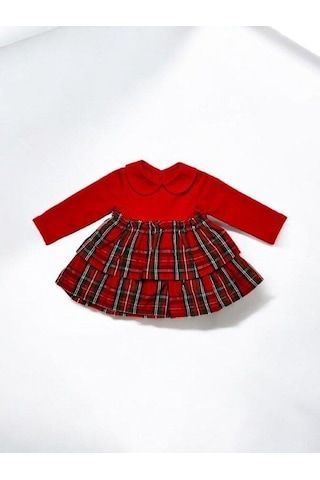 Çikoby Kız Bebek Bebe Yaka Ekose Desenli Elbise-14902 Kırmızı