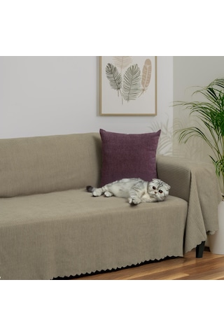 Mikrofiber Şönil Fitilli Minimalist Koltuk Örtüsü -175x300 Cm Large, Çift Taraflı, Kaymaz, Terletmez Kapuçino Kapuçino
