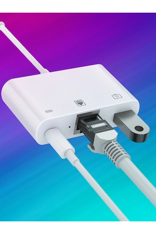 Kb-10 Apple iPhone Uyumlu Lightning 3ın1 Ethernet Rj45 Ve Usb Kamera Adaptörü