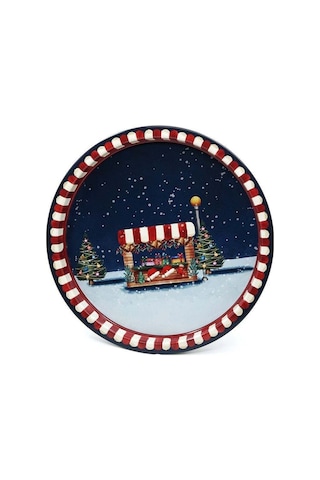 Winter Desenli Yuvarlak Metal Tepsi, 31,5 Cm