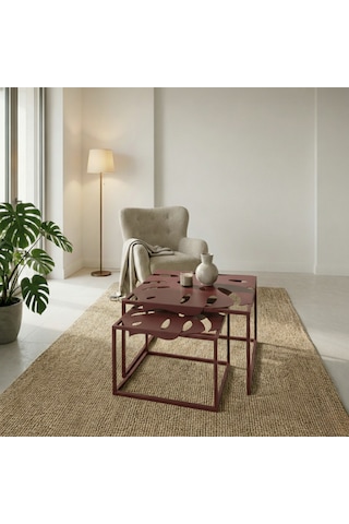 Monstera Yaprak Formlu 2 Li Metal Orta Sehpa Modern Zigon Sehpa Seti Bordo