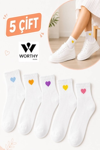 Worthy Socks 5'li Kalp Desenli Patik Bilek Çorap 5 Çift Beyaz