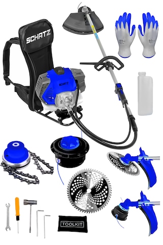 Schatz 5.9 Hp Sırt Tipi Benzinli Motorlu Ot Çalı Çim Biçme Tırpanı 11000rpm Mavi + Canavar Başlık