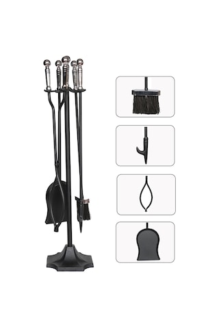 5 Li Lüx Ithal Gümüş Topuz Başlıklı Şömine - Soba Maşa Takımı Aksesuar Seti