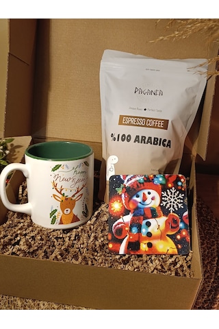 Hediye Seti Kutulu - Kupa & Bardak Altlığı ve %100 Arabica Espresso Çekirdek Kahve 250gr