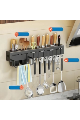 Fortunelane Çelik Duvarlı Bıçak Çubuk Saklama Rafı, 50cm, Perfore Edilmeden Monte Edilebilir, Siyah Mutfak Organizatörü Siyah