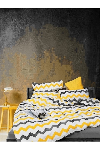 Lotus Home Zigzag Desen Lüks Pamuklu Tek Kişilik Nevresim Takımı Seti Sarı