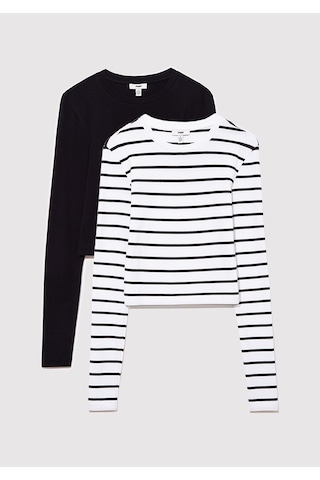 Mavi - 2li Uzun Kollu Crop Basic Tişört 1613021-900 Siyah