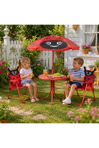 Uğur Böceği Çocuk Bahçe Masa Sandalye Ve Şemsiye Seti 2 Sandalye+1 Masa+1 Adet Şemsiye Kırmızı