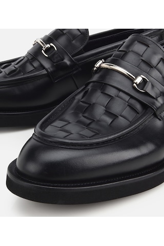 Hotiç Erkek Deri Siyah Örme Metal Detaylı Klasik Loafer
