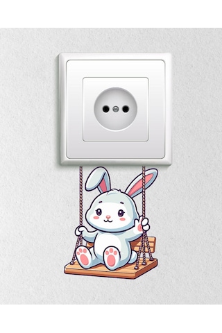 Sevimli Tavşan Salıncakta Dekoratif Priz, Anahtar Sticker 12x10 Cm