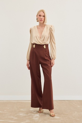 Sateen Bel Aksesuarlı Pantolon - Kahve-136487 Kahve