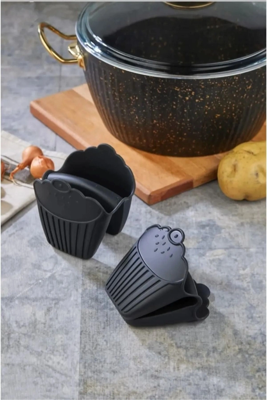 2 Adet İlikon Fırın Eldiveni Kaymaz Mikrodalga Fırın Tencere Tepsi Tutmaç Seti Siyah