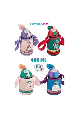 Uzspace 480 Ml Kılıflı 2 Ayrı Kapaklı Pipetli / Pipetsiz Tritan Çocuk Su Matarası Turuncu