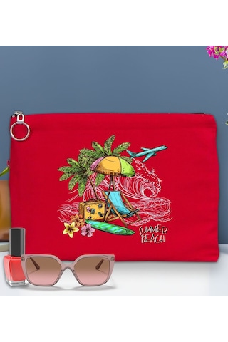 Bk Gift Yaz Temalı-9 Astarlı Kırmızı Portföy Çanta 30x21cm, Baskılı El Çantası, Organizer Çanta