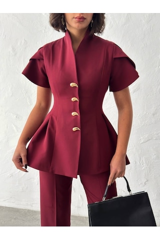 Duygudan Gold Düğme Detaylı Peplum Kesim Şık Kadın Takım - Bordo Çok Renkli