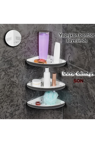 Porsima 0447 3'lü İstiridye Banyo Köşe Rafı Yapışkanlı Raf Antras Antrasit